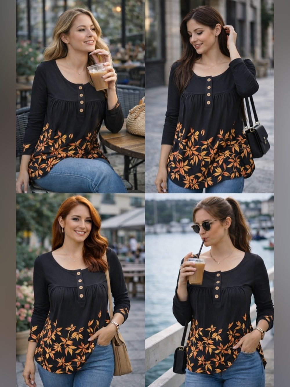 Women's Black and Orange Leaf Print Top